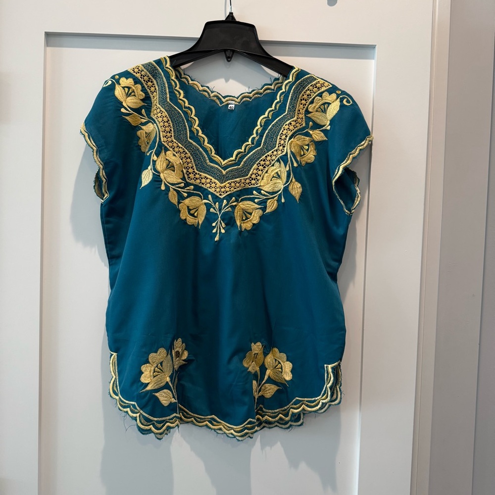 Mexican Embroidered Teal and Gold Women's Top